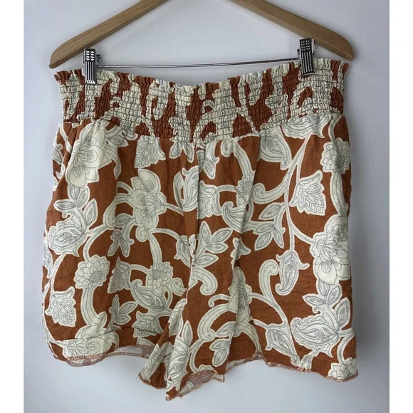 Boden Linen Shirred Waist Shorts Smocked Pull On Vine Coastal US Plus Size 16 18 - Picture 11 of 11